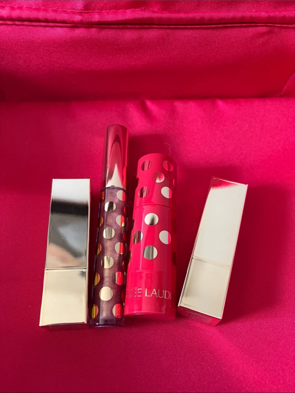 Estee Lauder Hot Pink Polka Dot 2 Lipstick & 1 Gloss and 1 blush stick travelSet
